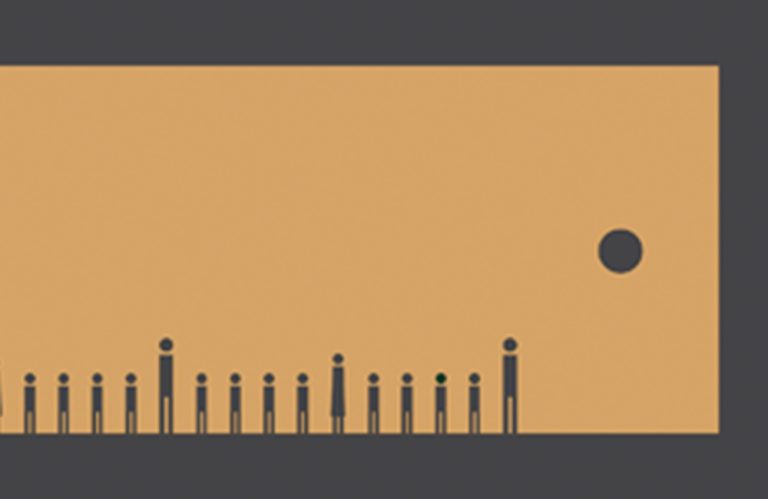 many stick figures of varying heights standing in front of a gold solid color background with something round in the "sky"