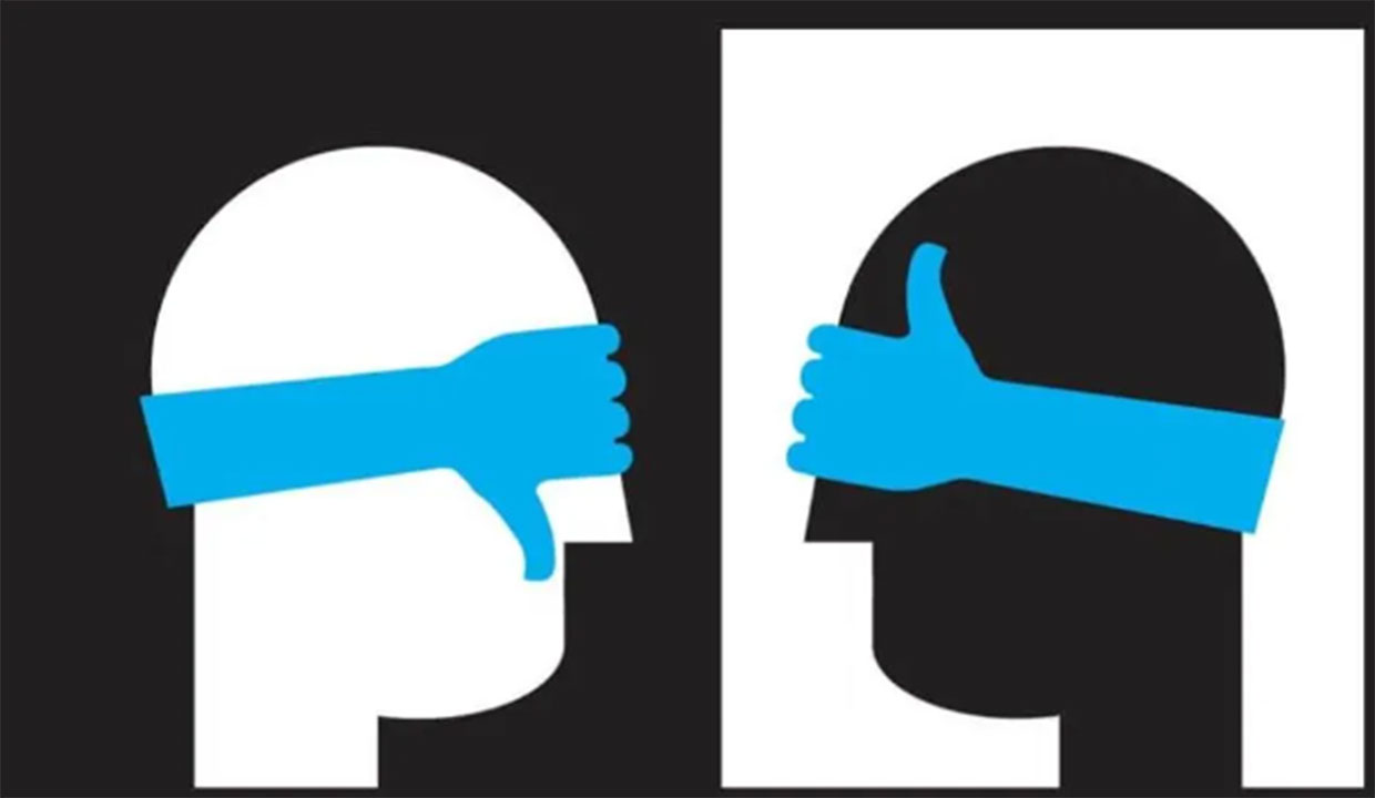 graphic of two heads, both have their eyes covered with another's hands