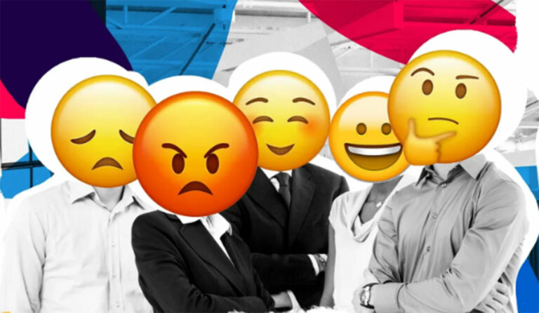 humorous composite image - a photo of five people and on top of each head is an emoticon