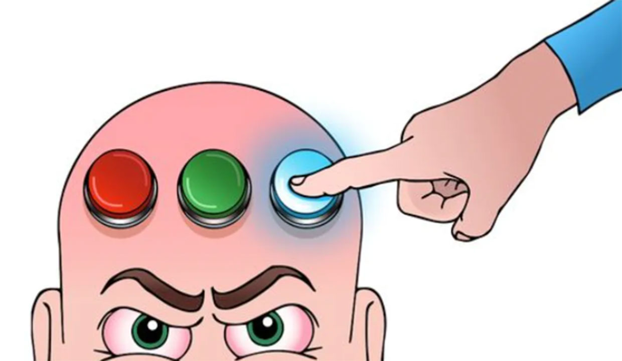 graphic of a man's head with three buttons and a second man is pushing one of the buttons