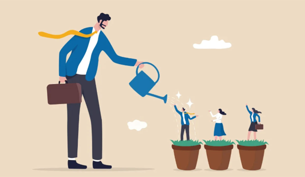 graphic of a man in a blue suit jacket and gray pants watering three flower pots with people growing in them