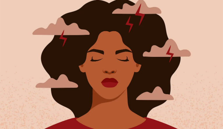 graphic of a woman whose head is surrounded by storm clouds and lightening bolts