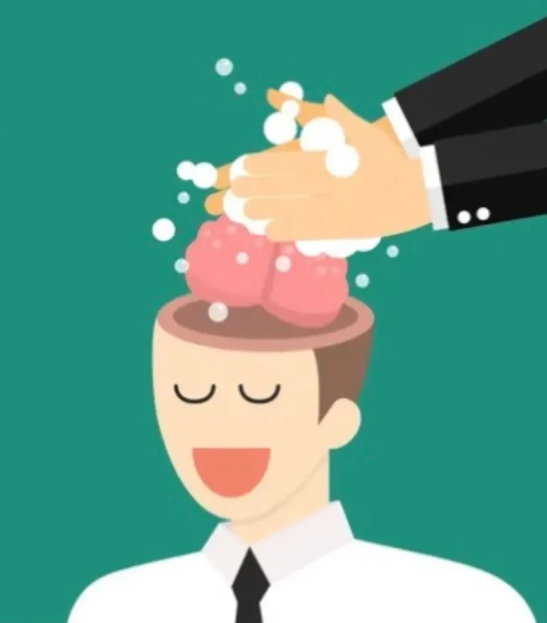 comic graphic of a business man with his head open and another man in a suit hand-washing the first man's brains
